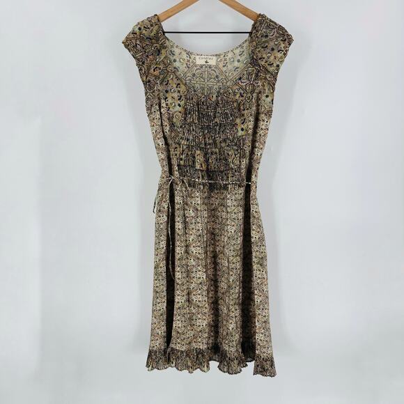 Cotelac Women’s Size 3 Boho Pleated Midi Dress Brown Multicolor Abstract Print - Picture 1 of 7